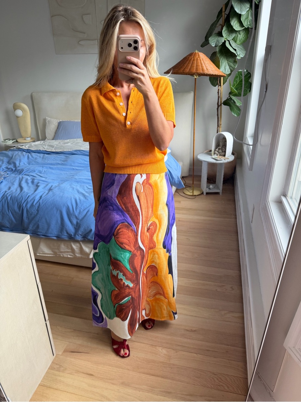Dorothy Schumacher Linen Abstract   Colorful Midi Skirt Size Small
